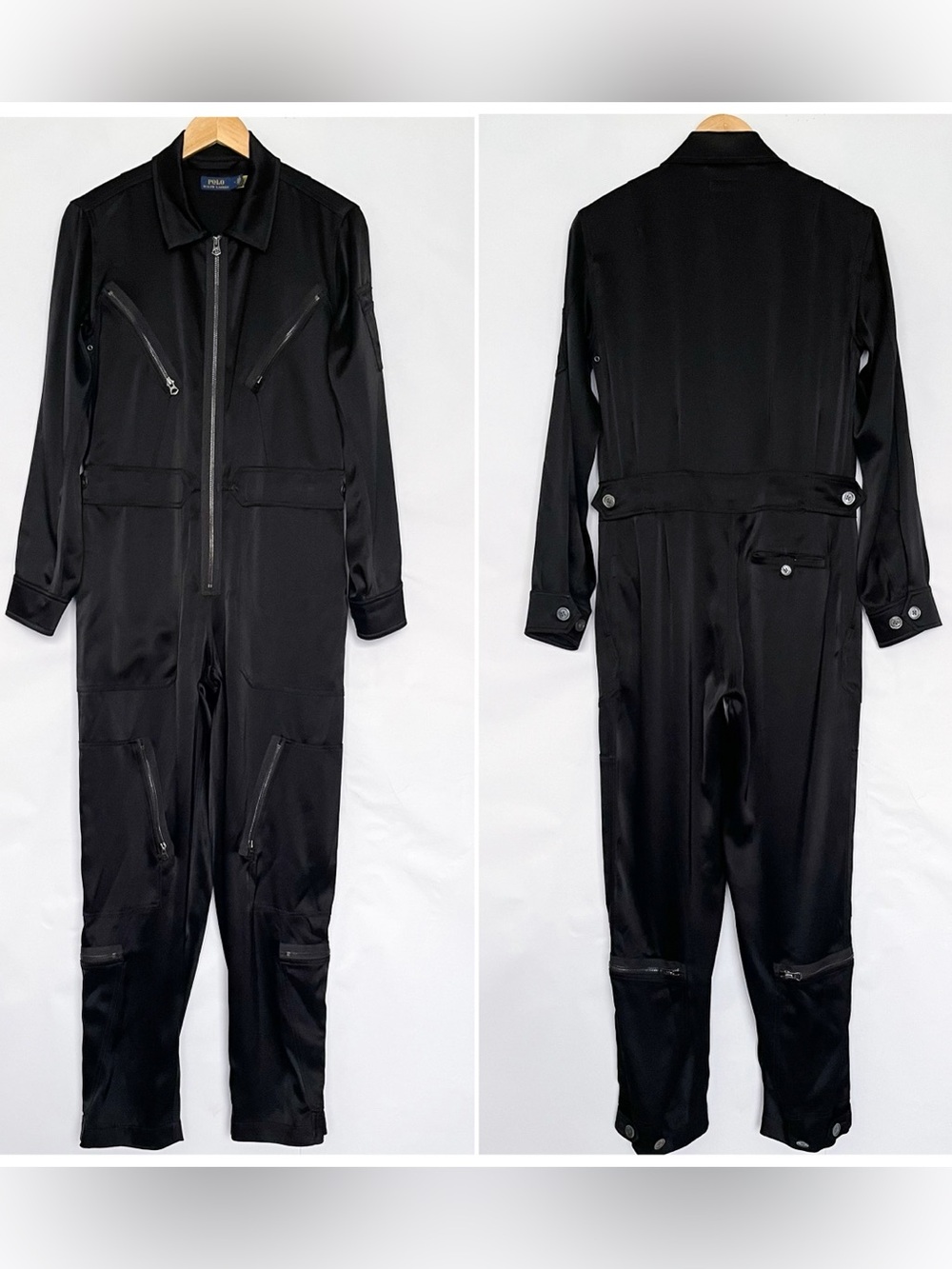 Ralph Lauren Polo Zip Front Flight Suit Double Faced Satin Utility Size 4 Black